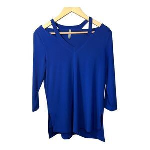 LAST TANGO Women’s V-Neck 3/4 Sleeves Cutout Neckline Tunic Top Blue Size Small
